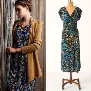 Anthro Moulinette Soures Abstract Print Faux Wrap Ruched Midi Dress